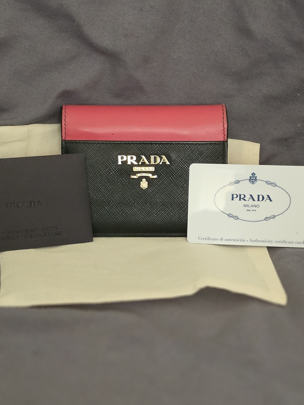 AUTHENTIC Prada Black & Pink Saffiano Leather Card Wallet with Gold-tone Logo